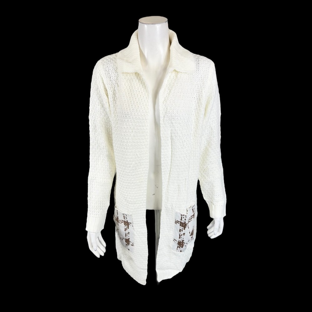 Truth + Style Knit Cardigan with Woven Patch Pockets Off-White X-Small Size